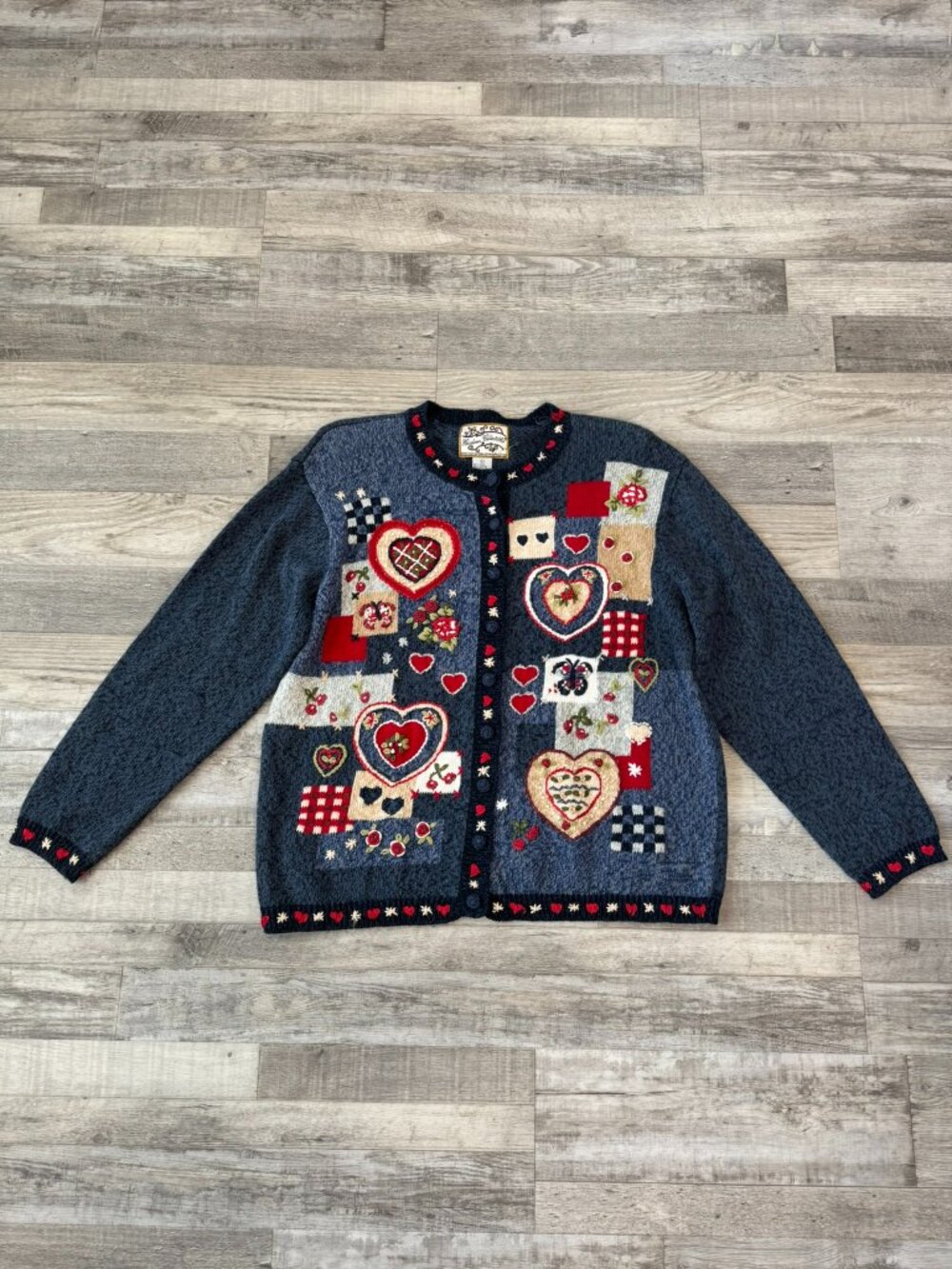 Heirloom Collectibles blue embroidered patchwork cardigan size large I31